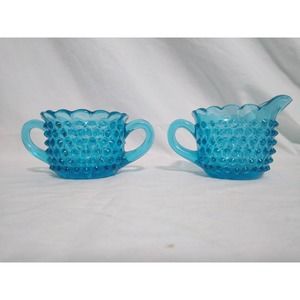 Fenton blue Hobnail creamer and sugar bowl